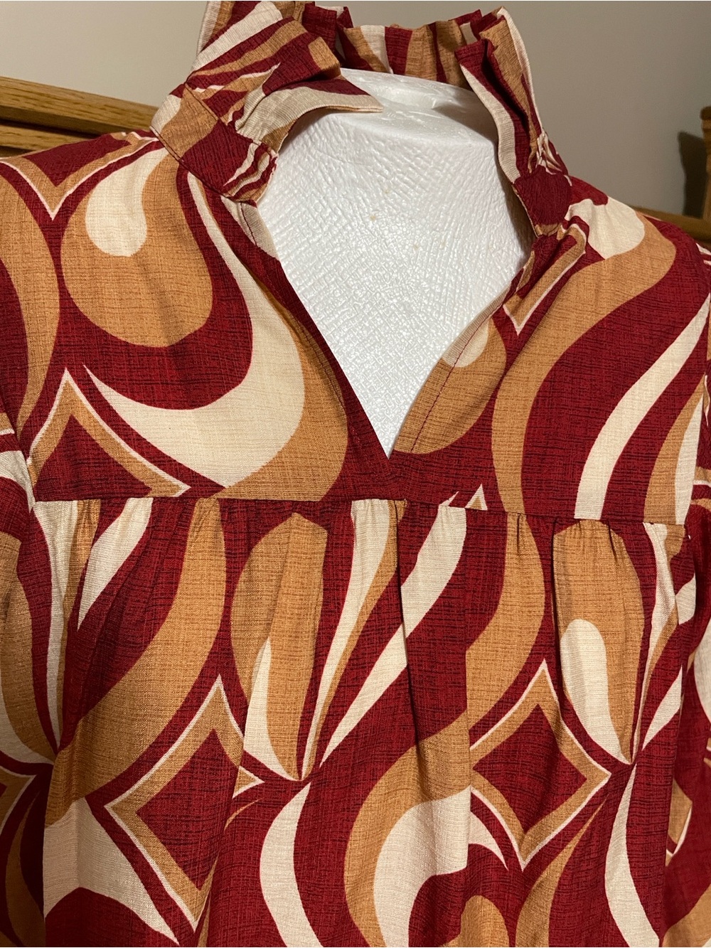 Jodifl Red and Cream Patterned Ruffle-Neck Blouse - Picture 2 of 9